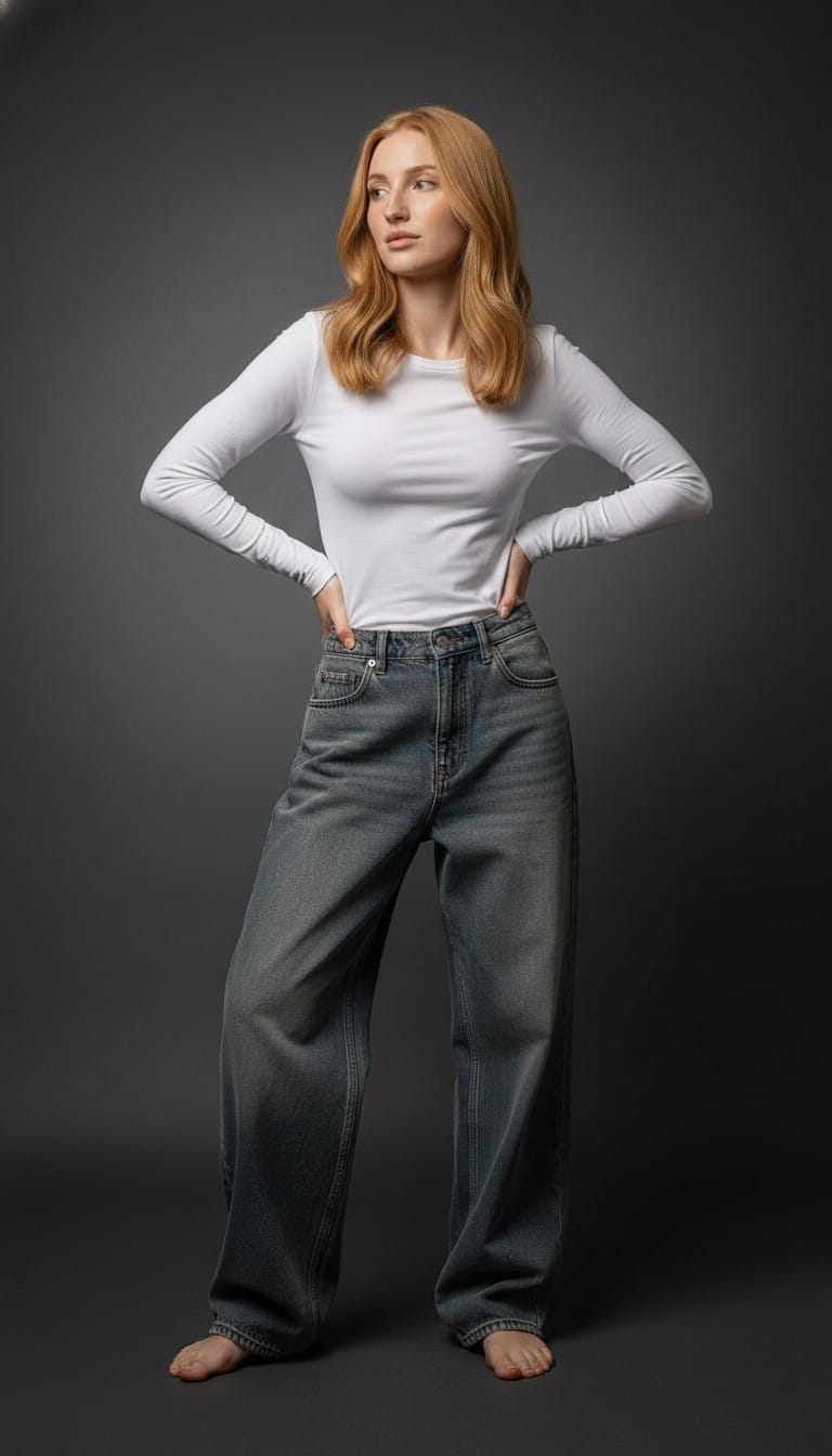 В белой майке и джинсах